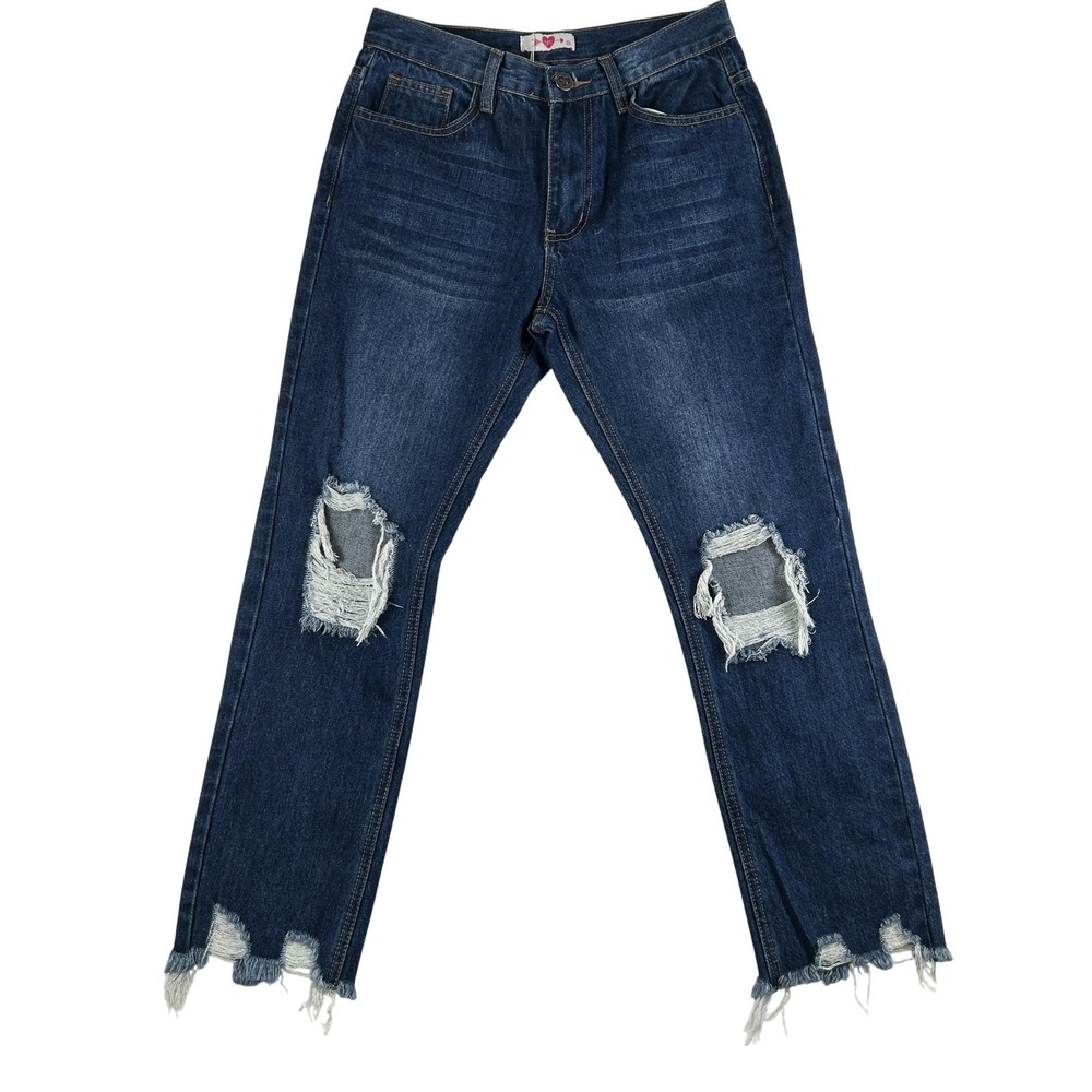 BuddyLove Rosso Boyfriend Jeans Womens 24 Blue Distressed Ripped Denim Raw Hem